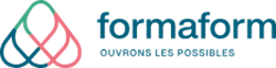 Logo Formaform : Symbole des trois formes entrelacées (pétales) en bleu canard, turquoise et rose, inspiré de l'abeille et des étapes de formation. Le texte 'formaform' et le slogan 'OUVRONS LES POSSIBLES' suivent en bleu foncé.